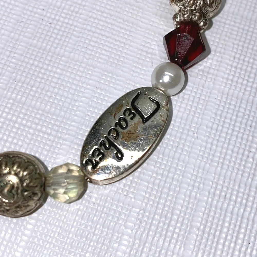 Teacher Inspire Wisdom Heart Charm Toggle Bracelet Silver Tone‎ Beads Red Gems